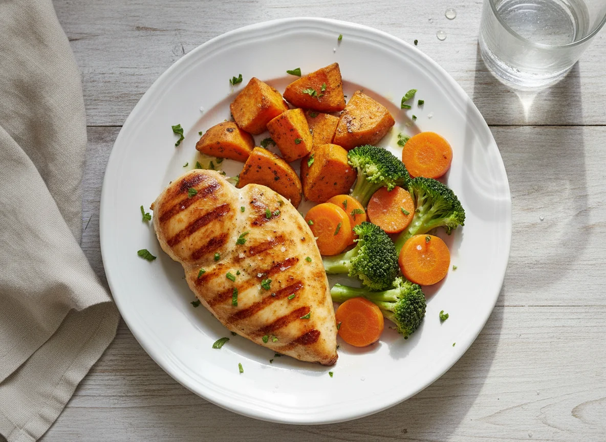 Frango grelhado com batata doce e legumes photo