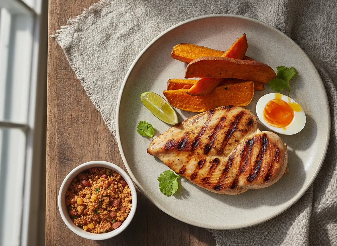 Frango grelhado com batata doce e ovo cozido photo