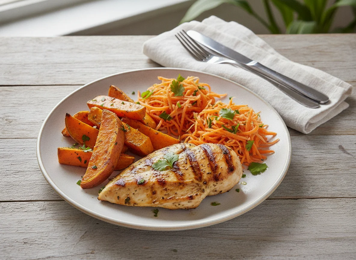 Frango grelhado com batata doce e salada de cenoura photo