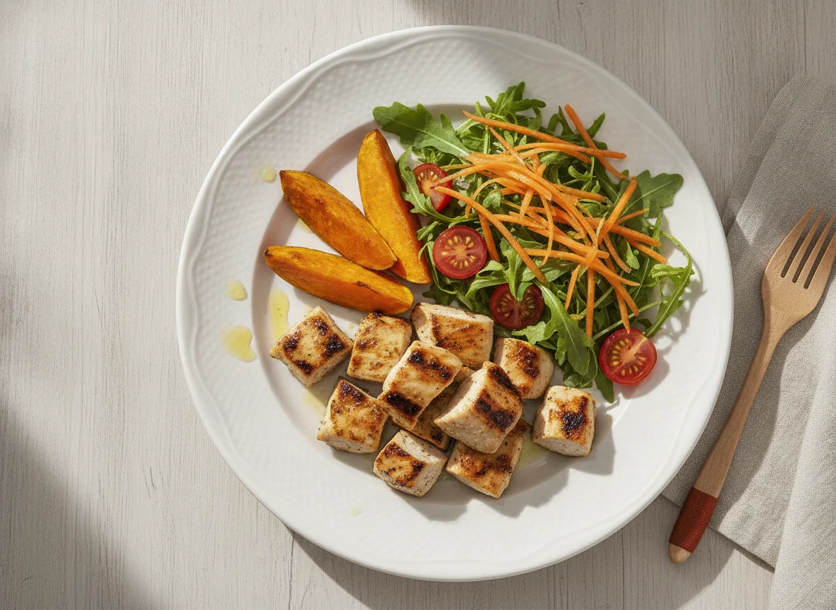 Frango grelhado com batata doce e salada photo