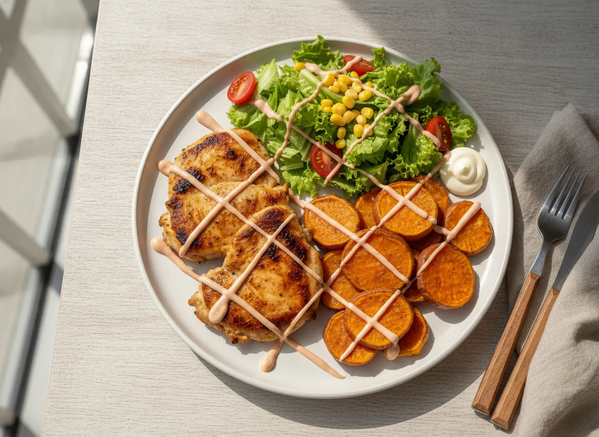 Frango grelhado com batata doce e salada mista photo