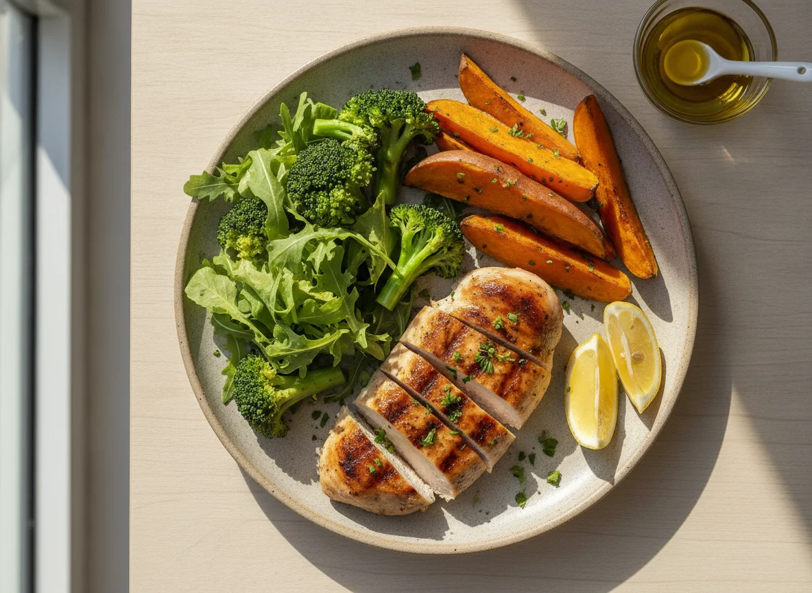 Frango grelhado com batata doce e vegetais photo