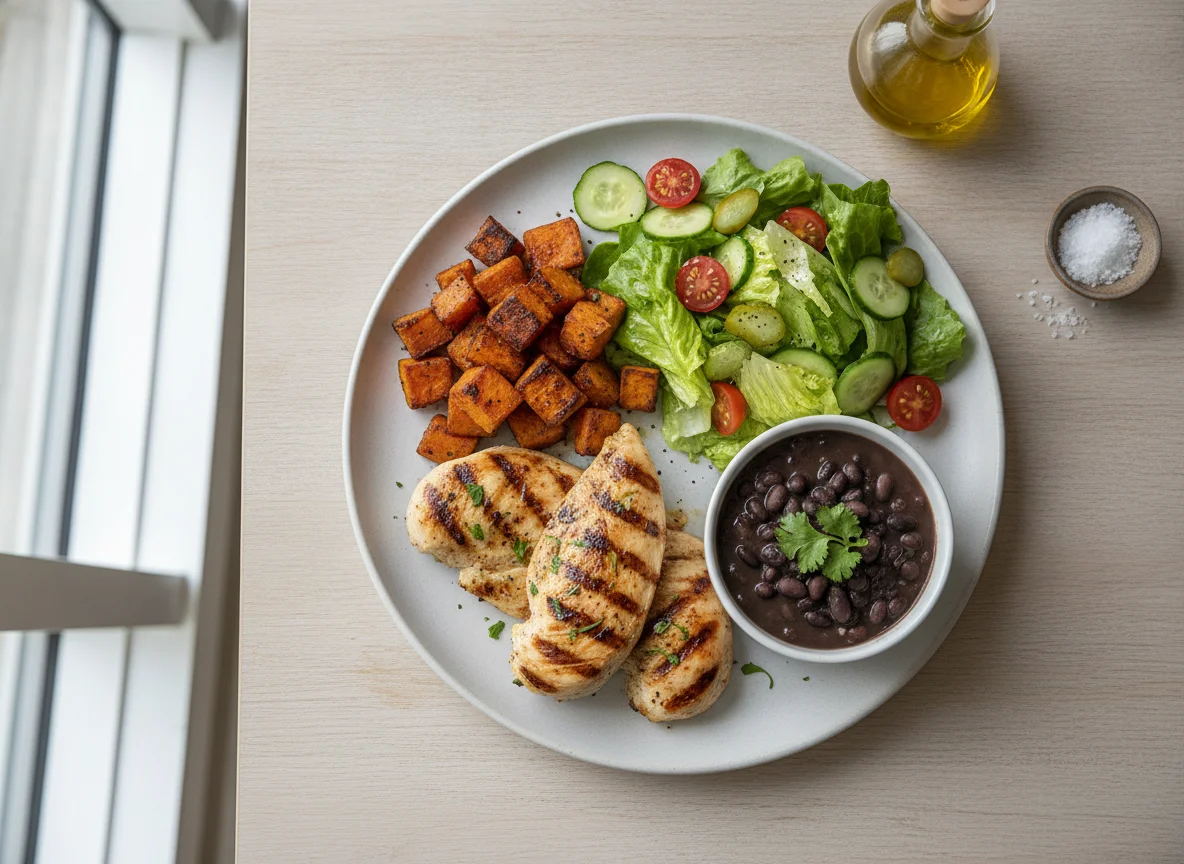 Frango grelhado com batata doce, feijão preto e salada photo