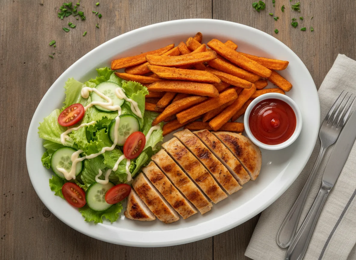 Frango grelhado com batata doce frita e salada photo