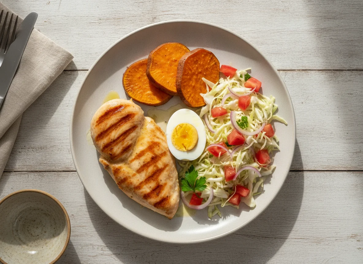 Frango grelhado com batata doce, ovos e salada photo