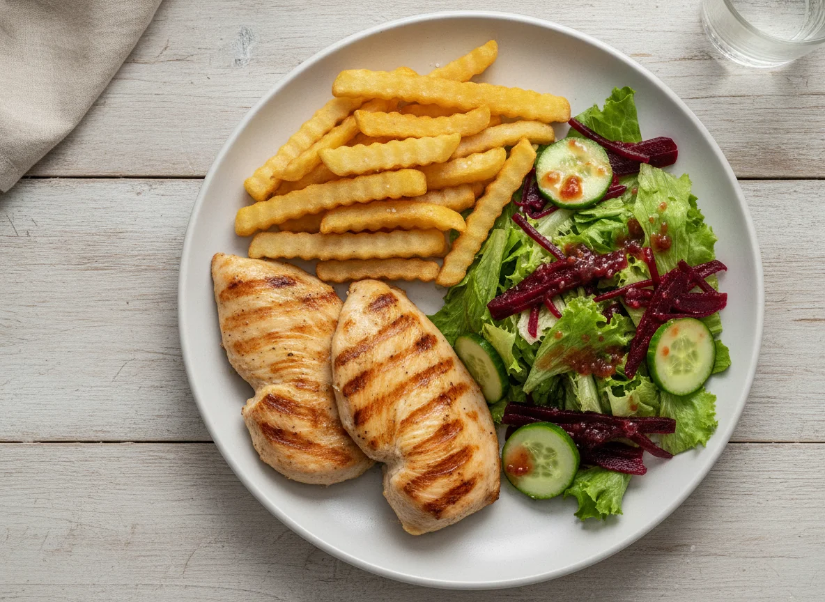 Frango grelhado com batata frita e salada mista photo