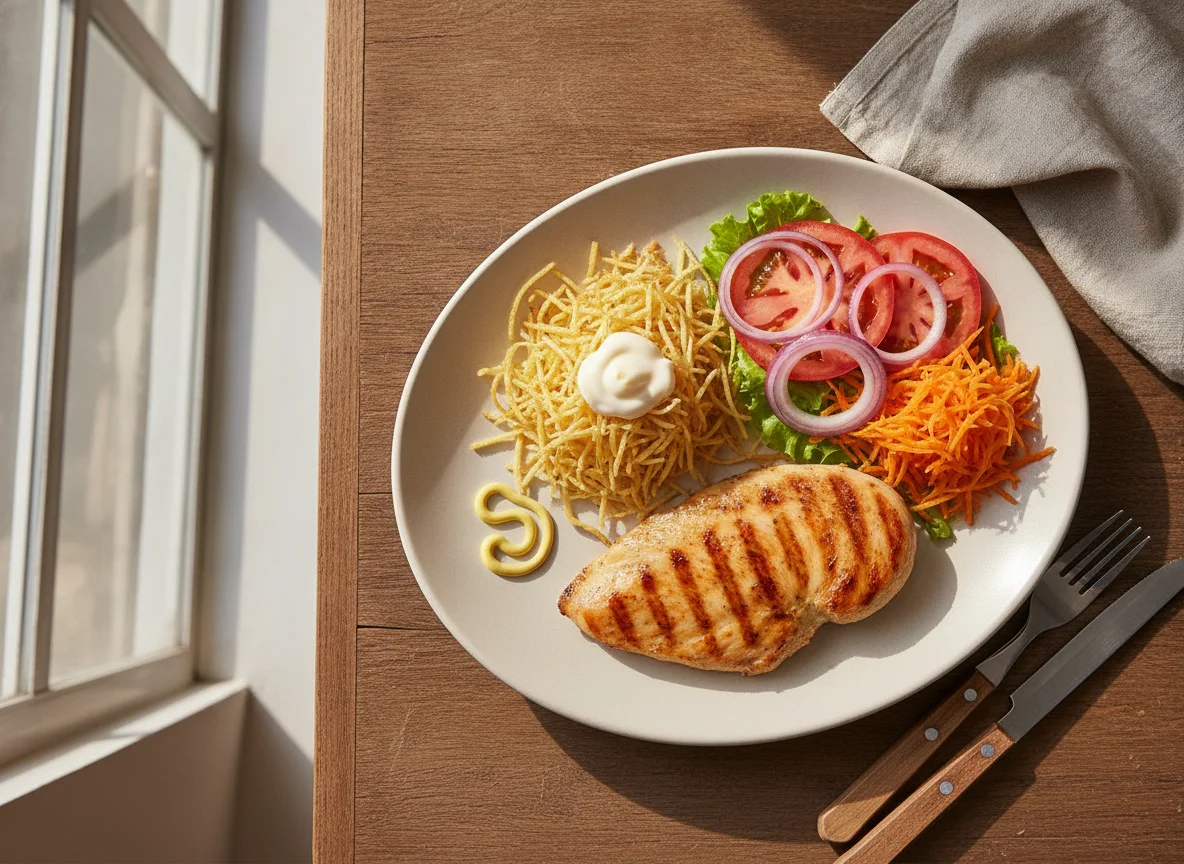 Frango grelhado com batata palha e salada photo
