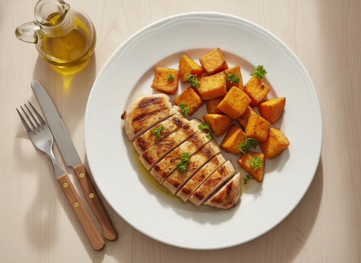 Frango grelhado com batata-doce assada photo