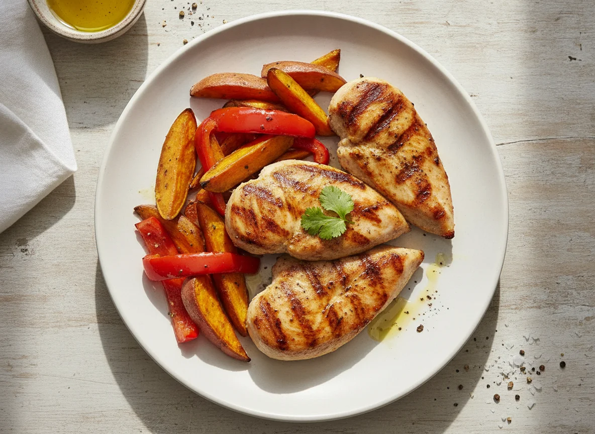 Frango grelhado com batata-doce e pimentos photo