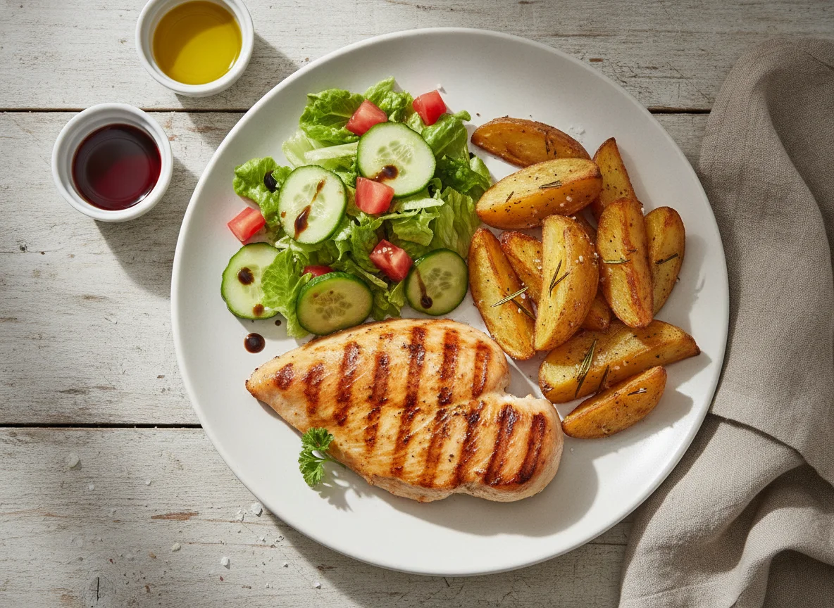 Frango grelhado com batatas assadas e salada mista photo