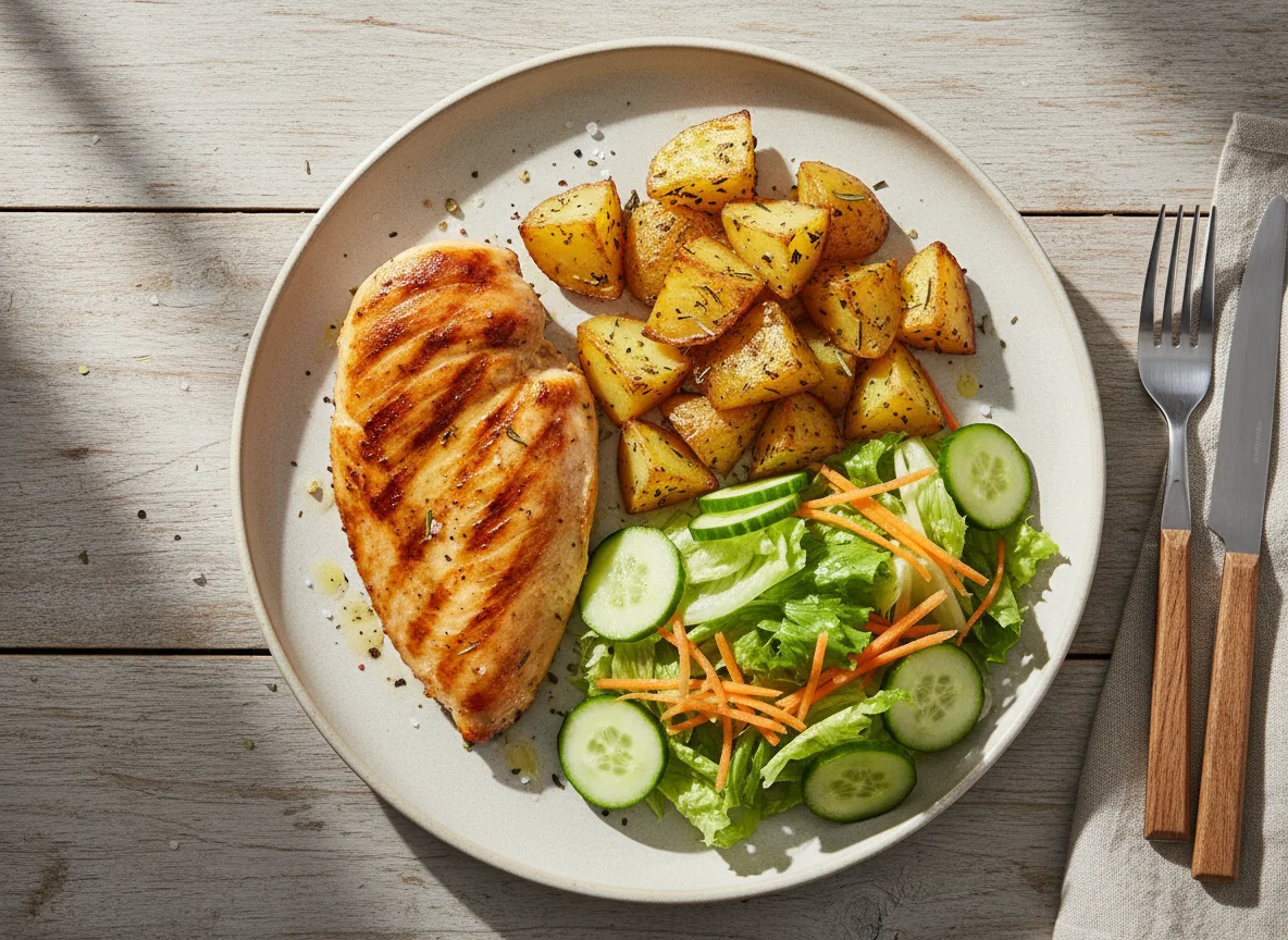 Frango grelhado com batatas assadas e salada photo