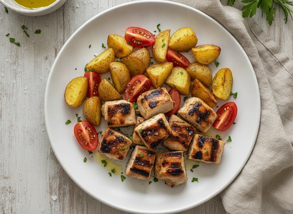 Frango grelhado com batatas assadas e tomate photo