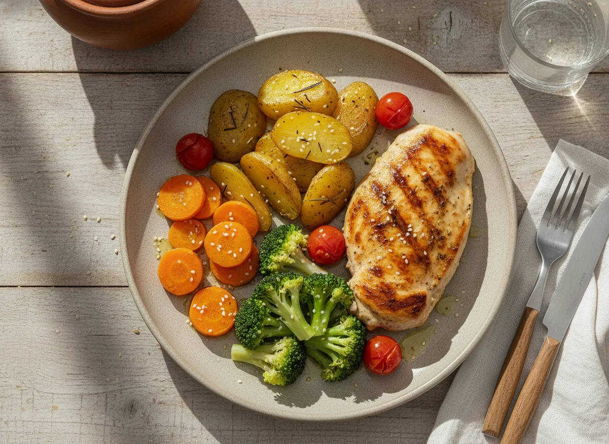 Frango grelhado com batatas assadas e vegetais photo