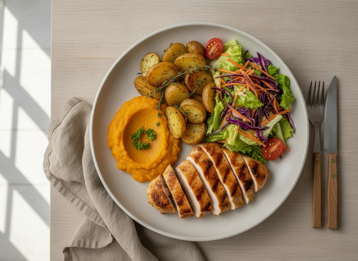 Frango grelhado com batatas assadas, purê de abóbora e salada photo