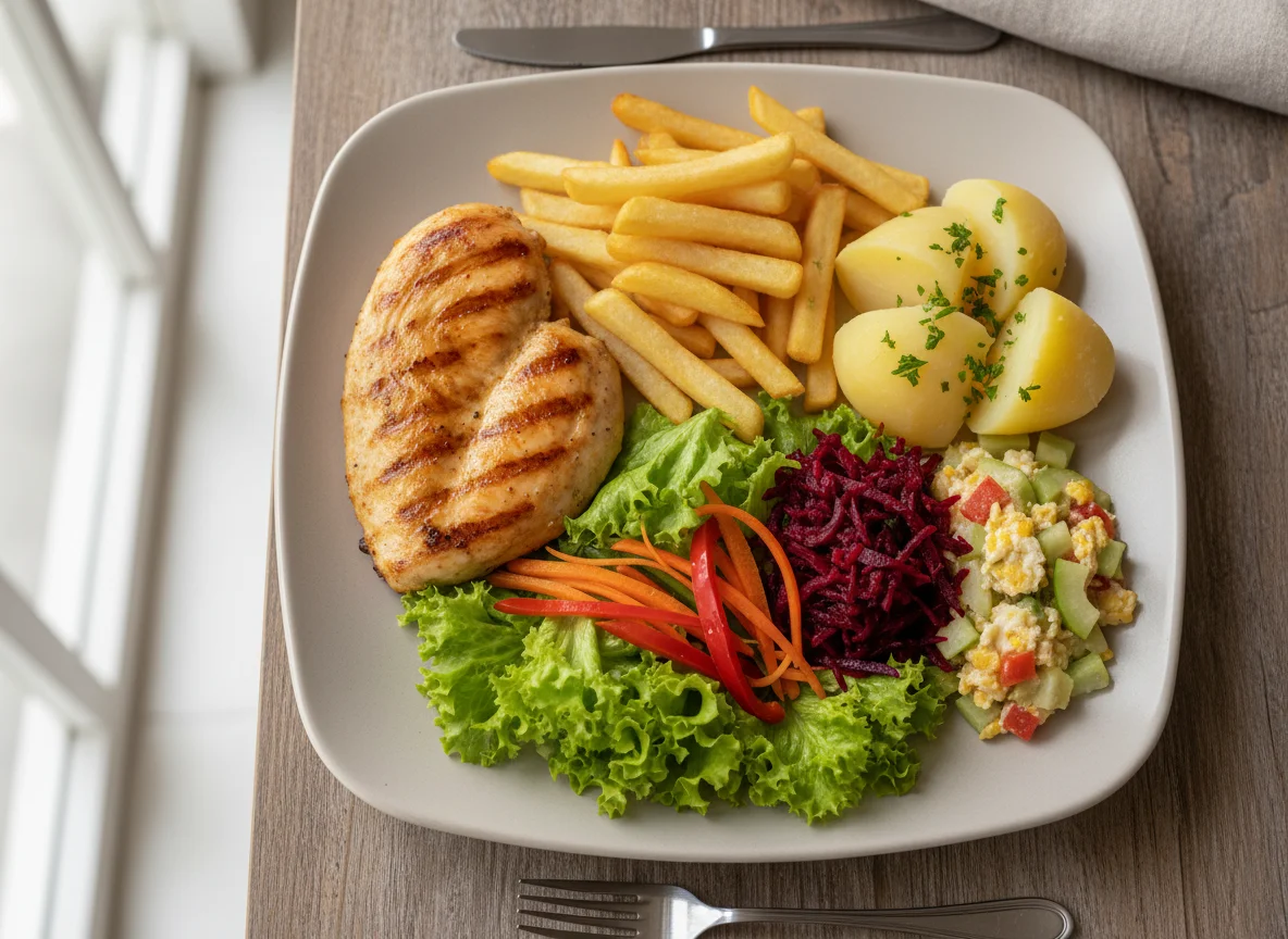 Frango grelhado com batatas, batata frita e salada photo