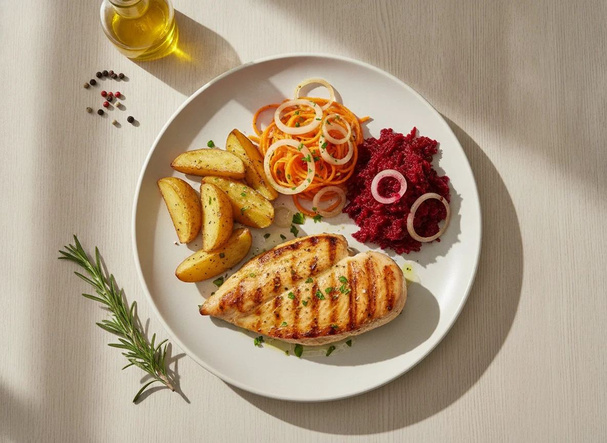 Frango grelhado com batatas, cenoura e beterraba photo