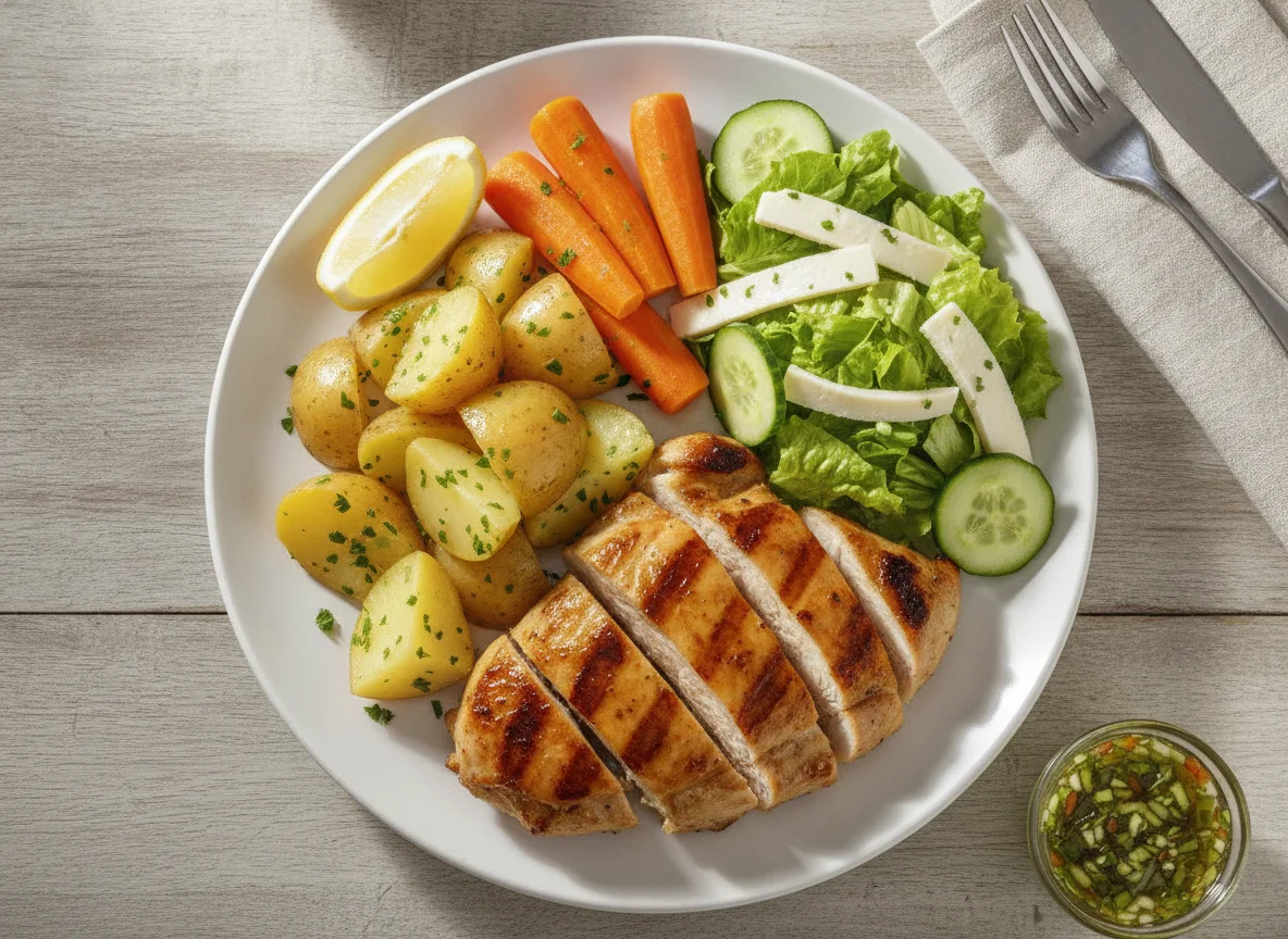 Frango grelhado com batatas, cenouras e salada photo