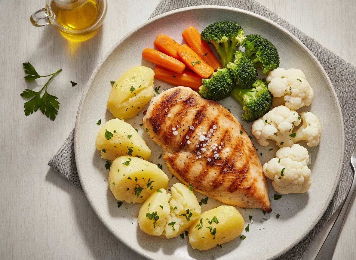 Frango grelhado com batatas cozidas e legumes no vapor photo