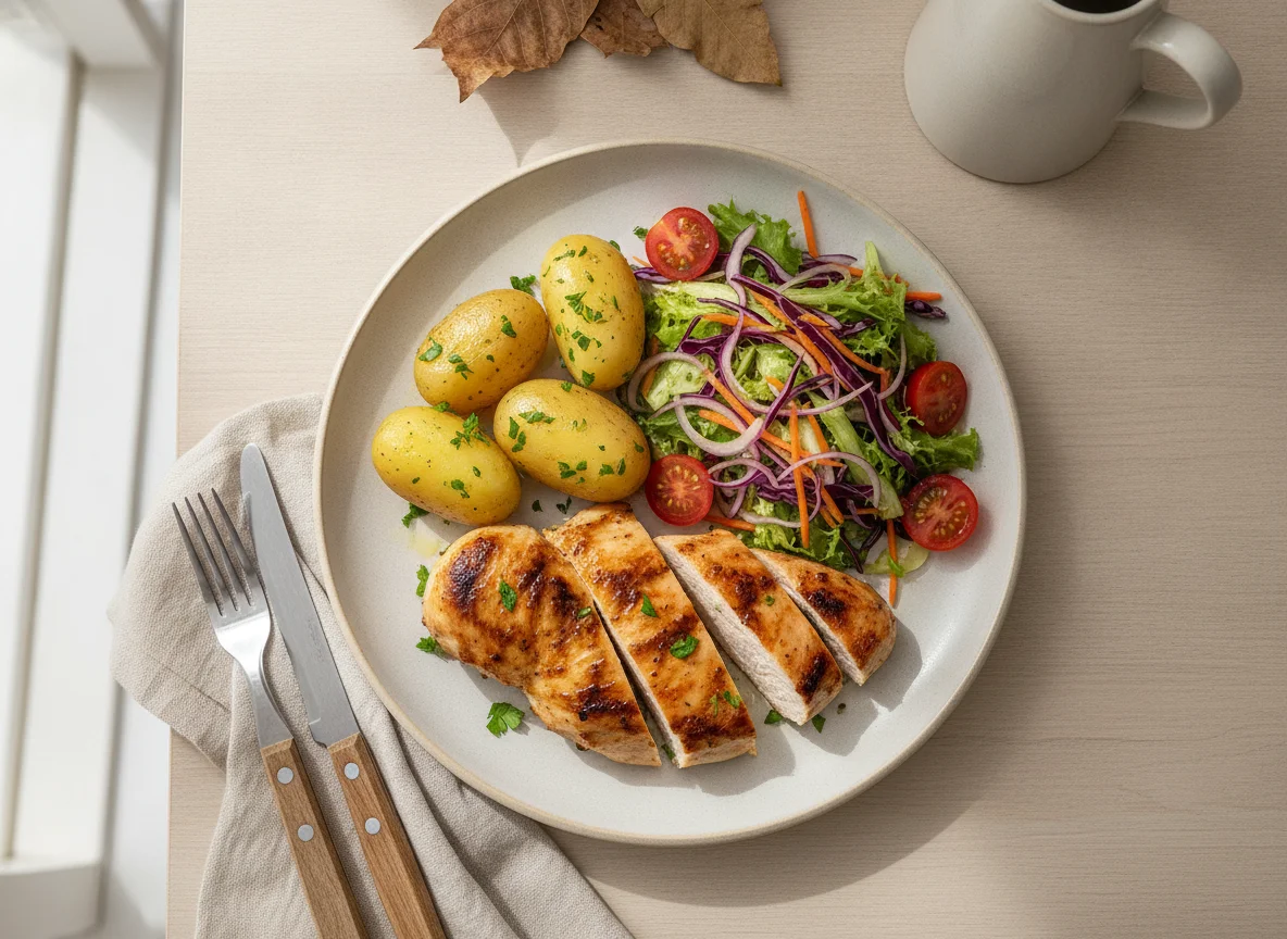 Frango grelhado com batatas e salada photo