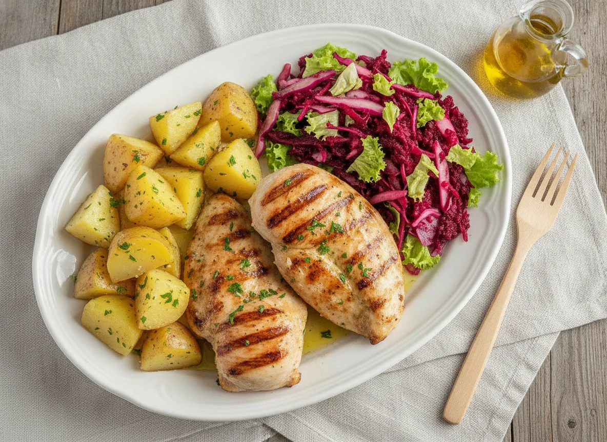 Frango grelhado com batatas e salada mista photo