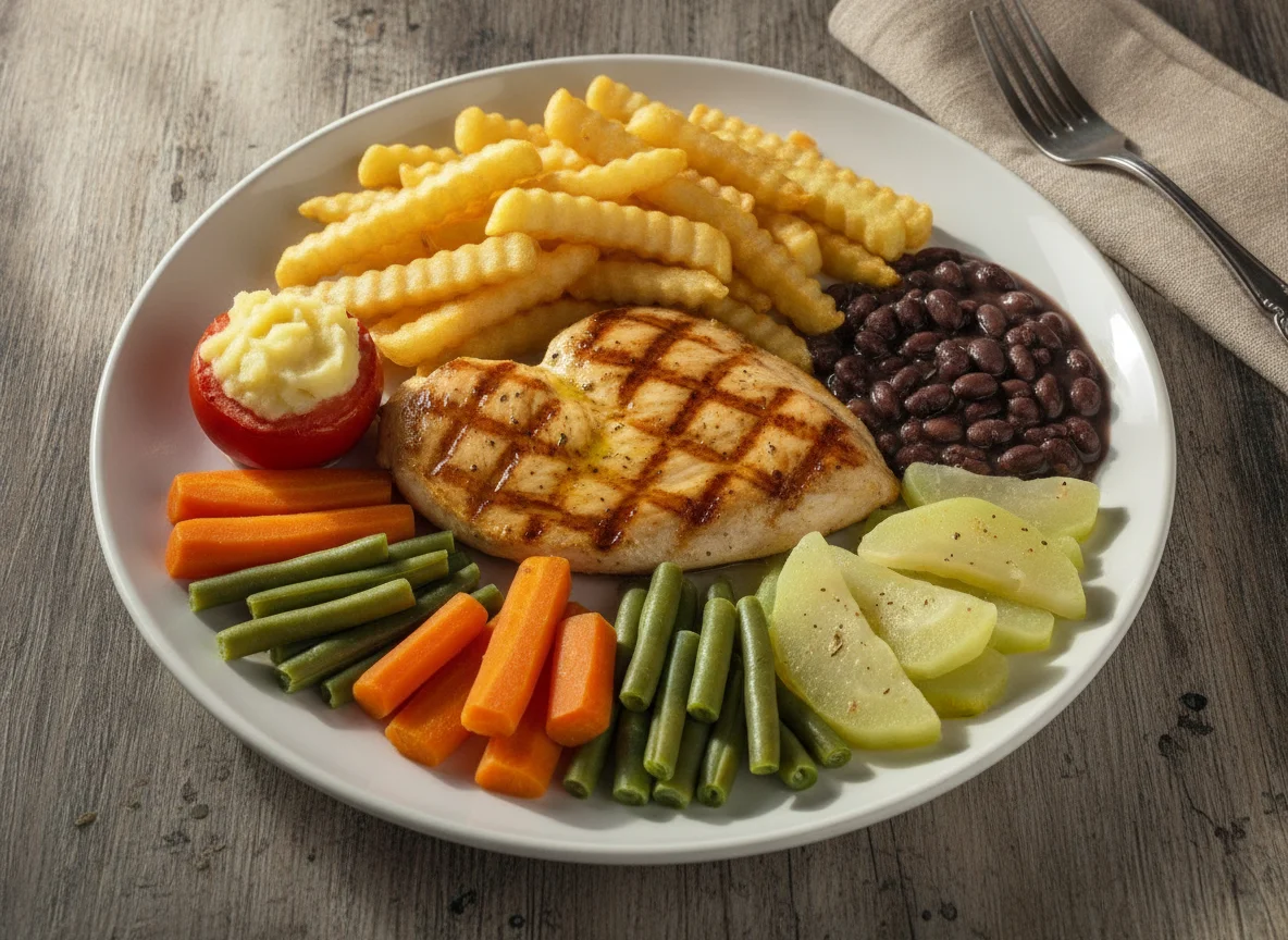 Frango grelhado com batatas fritas e legumes photo