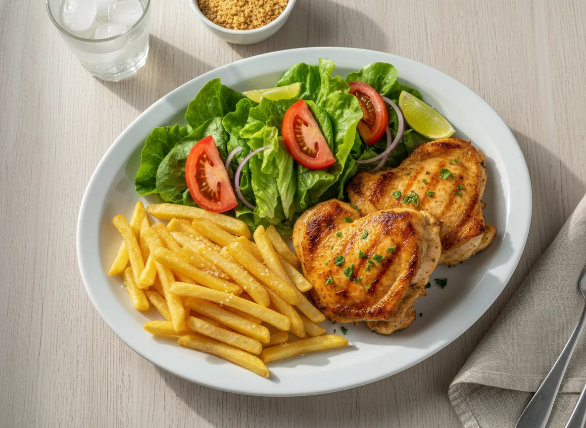Frango grelhado com batatas fritas e salada photo