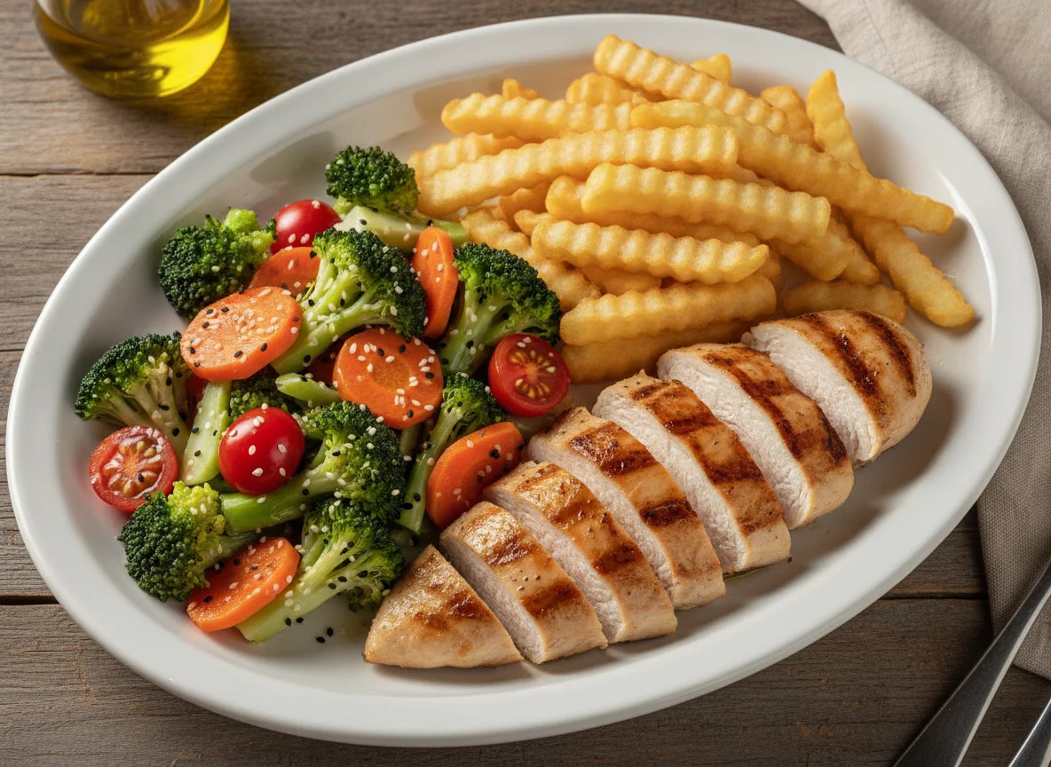 Frango grelhado com batatas fritas e salada de legumes photo