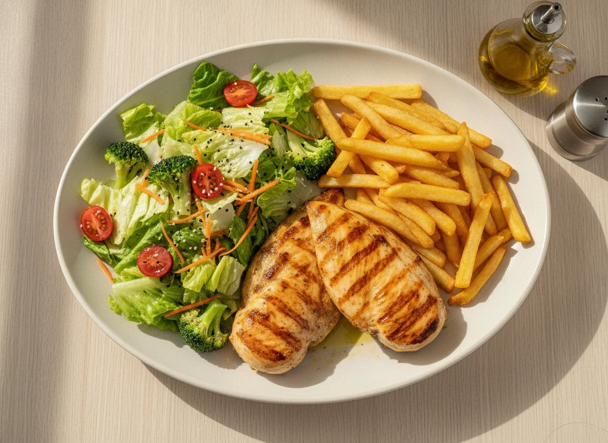 Frango grelhado com batatas fritas e salada mista photo