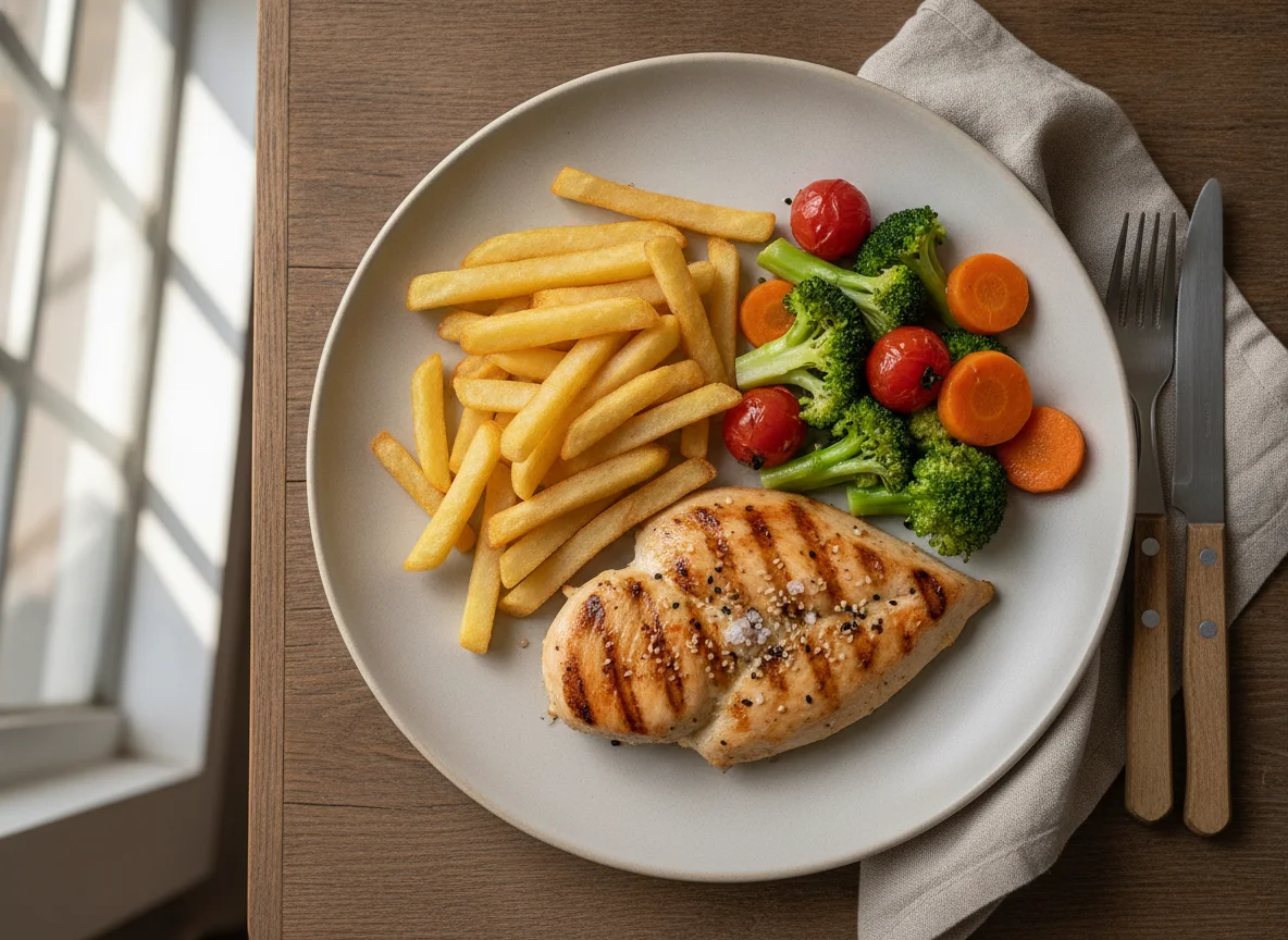 Frango grelhado com batatas fritas e vegetais photo