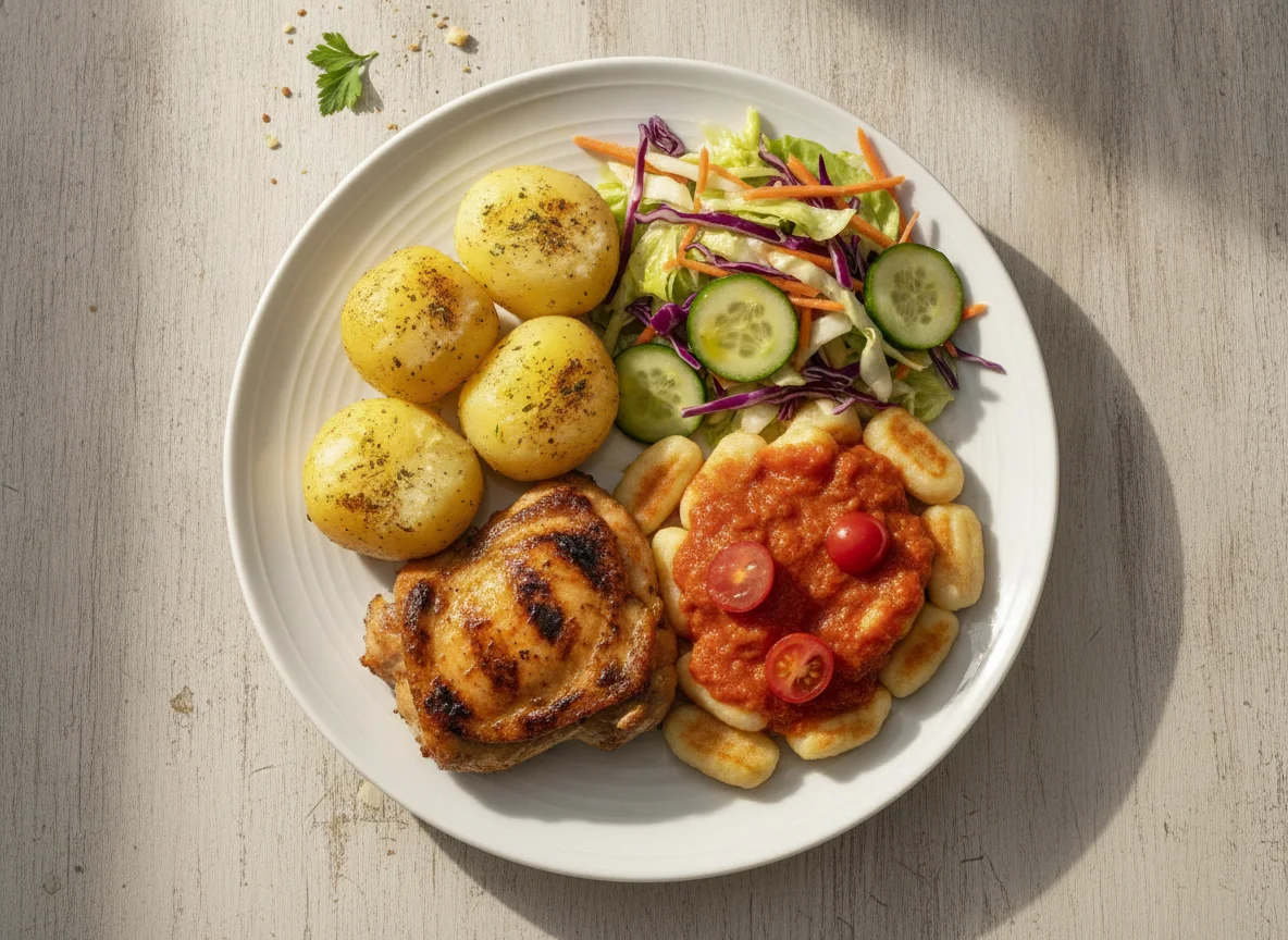 Frango grelhado com batatas, gnocchi e salada photo