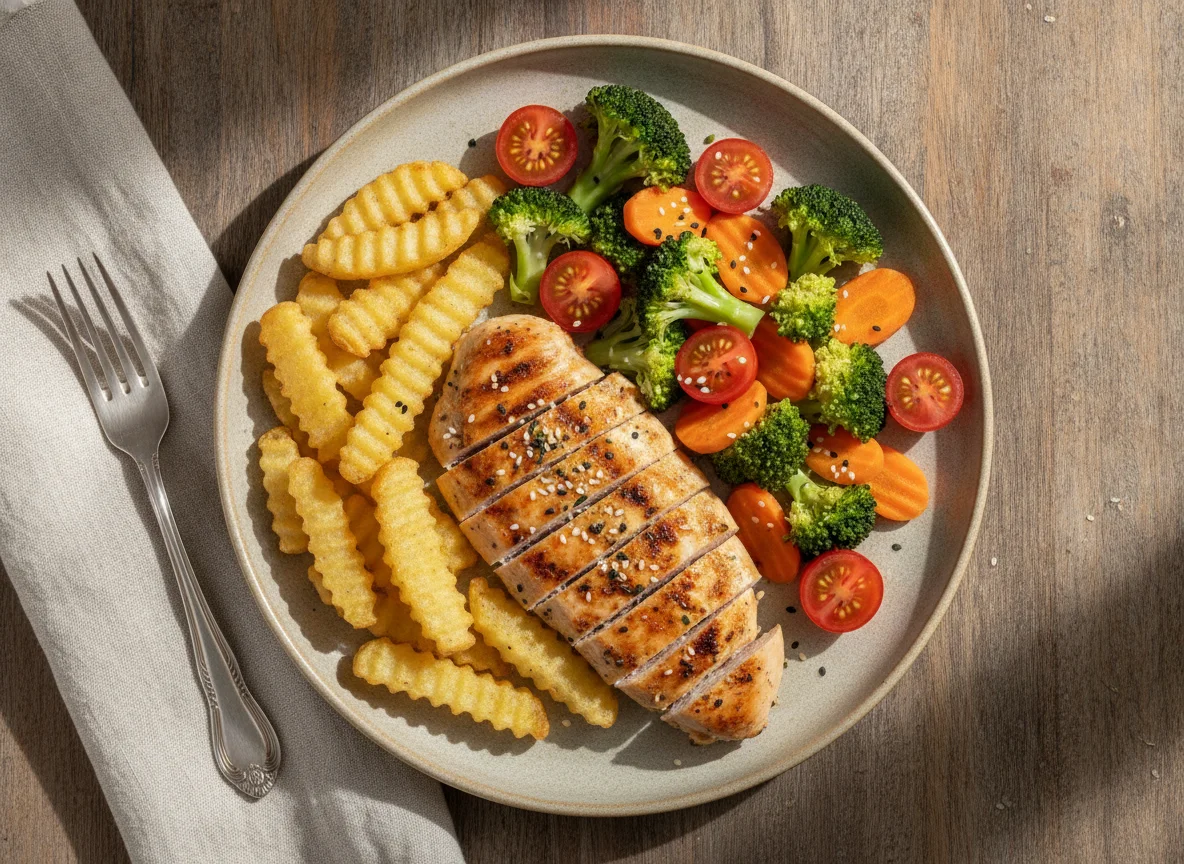 Frango grelhado com batatas na air fryer e salada de legumes photo