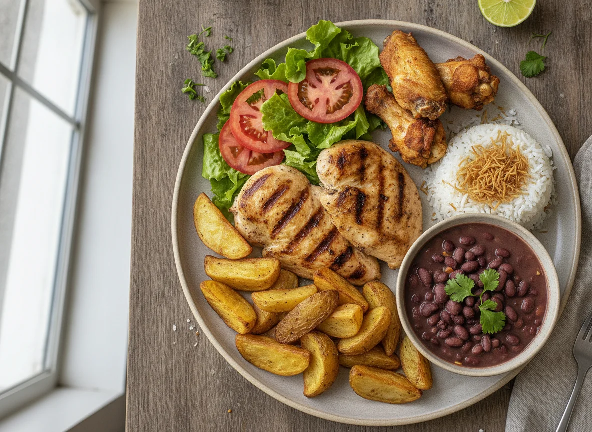 Frango grelhado com batatas rústicas e feijão photo