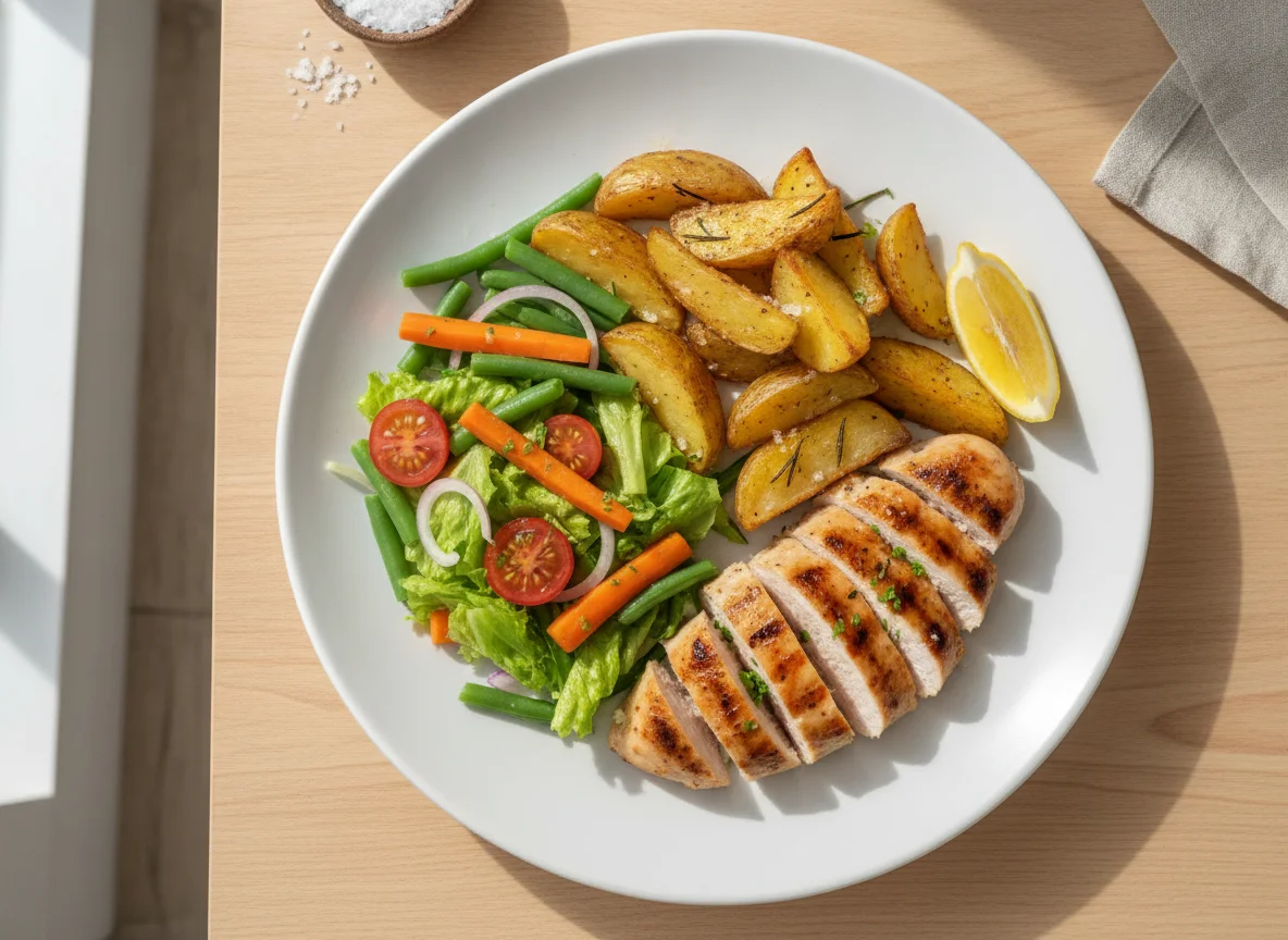 Frango grelhado com batatas rústicas e salada photo