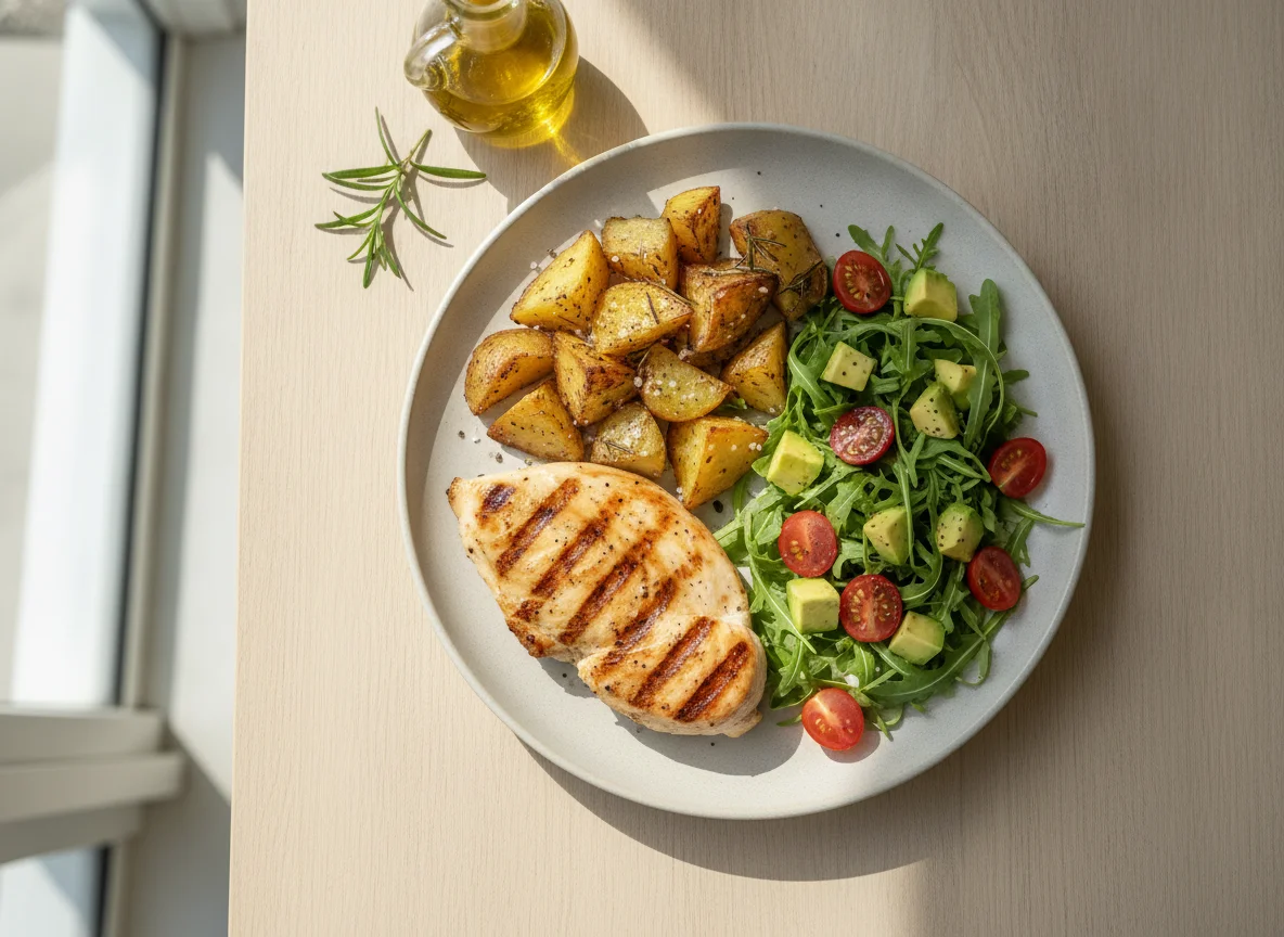 Frango grelhado com batatas rústicas e salada de abacate photo