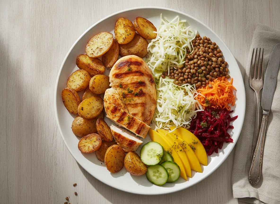 Frango grelhado com batatas rústicas e salada variada photo