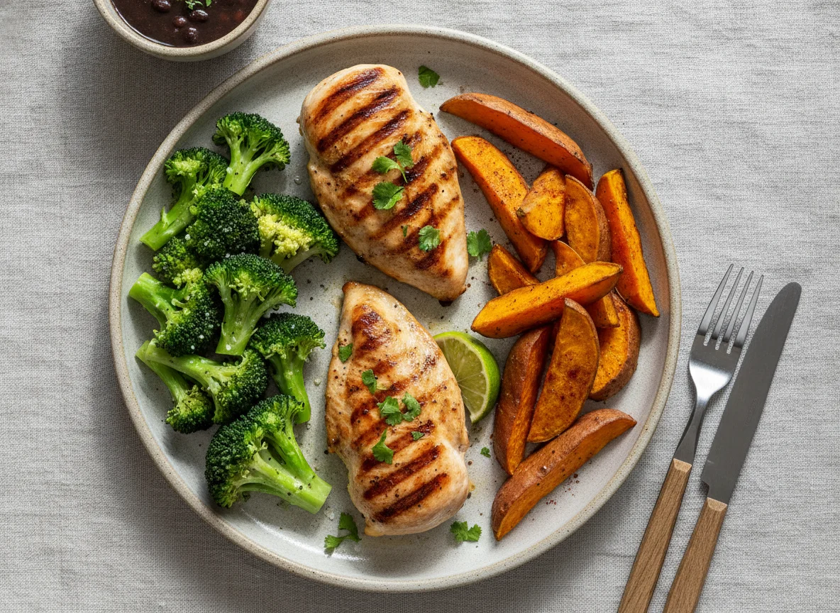 Frango grelhado com brócolis e batata doce photo