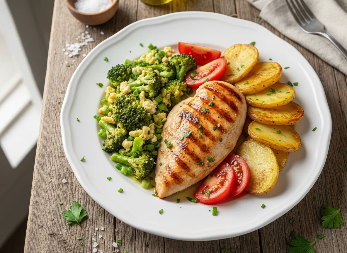 Frango grelhado com brócolis e batatas assadas photo