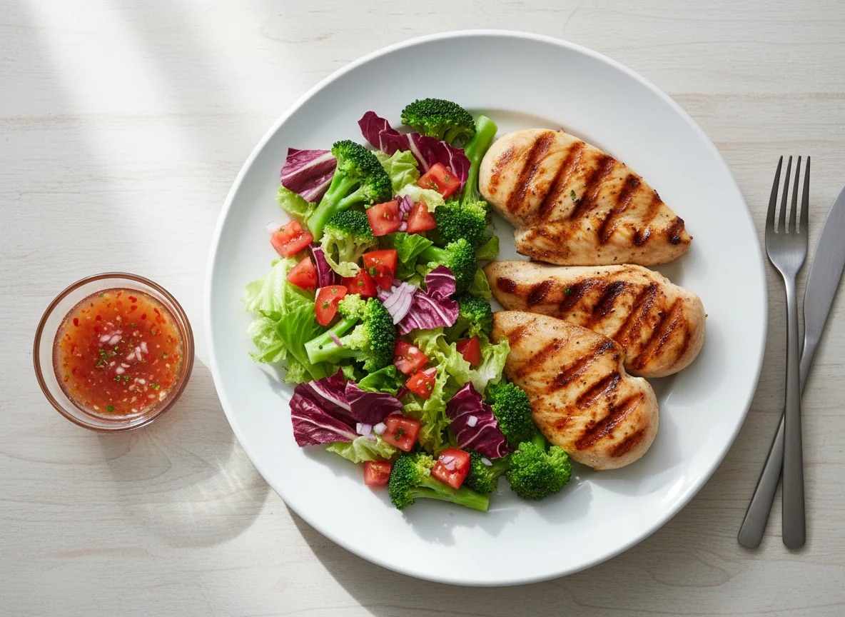 Frango grelhado com brócolis e salada photo