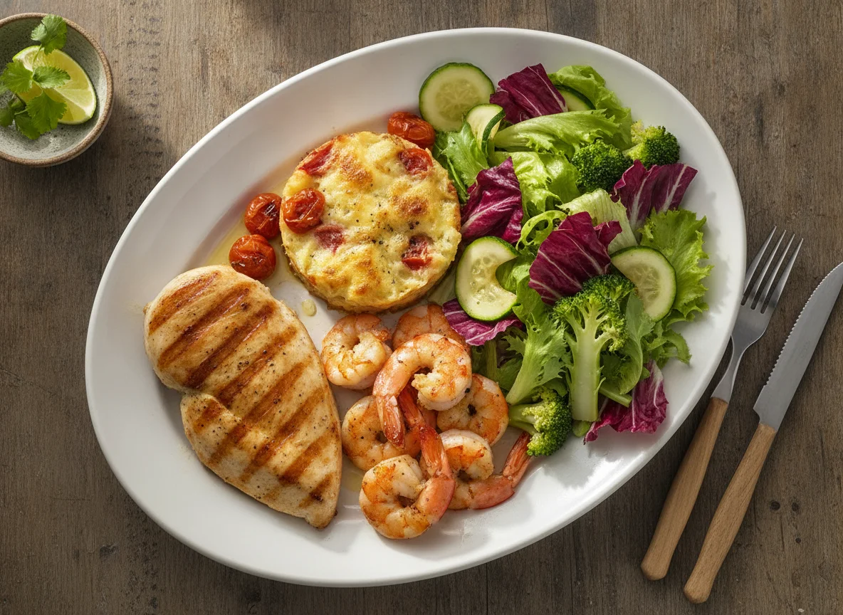 Frango grelhado com camarão e salada mista photo