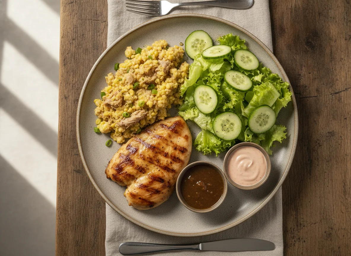 Frango grelhado com canjiquinha e salada photo