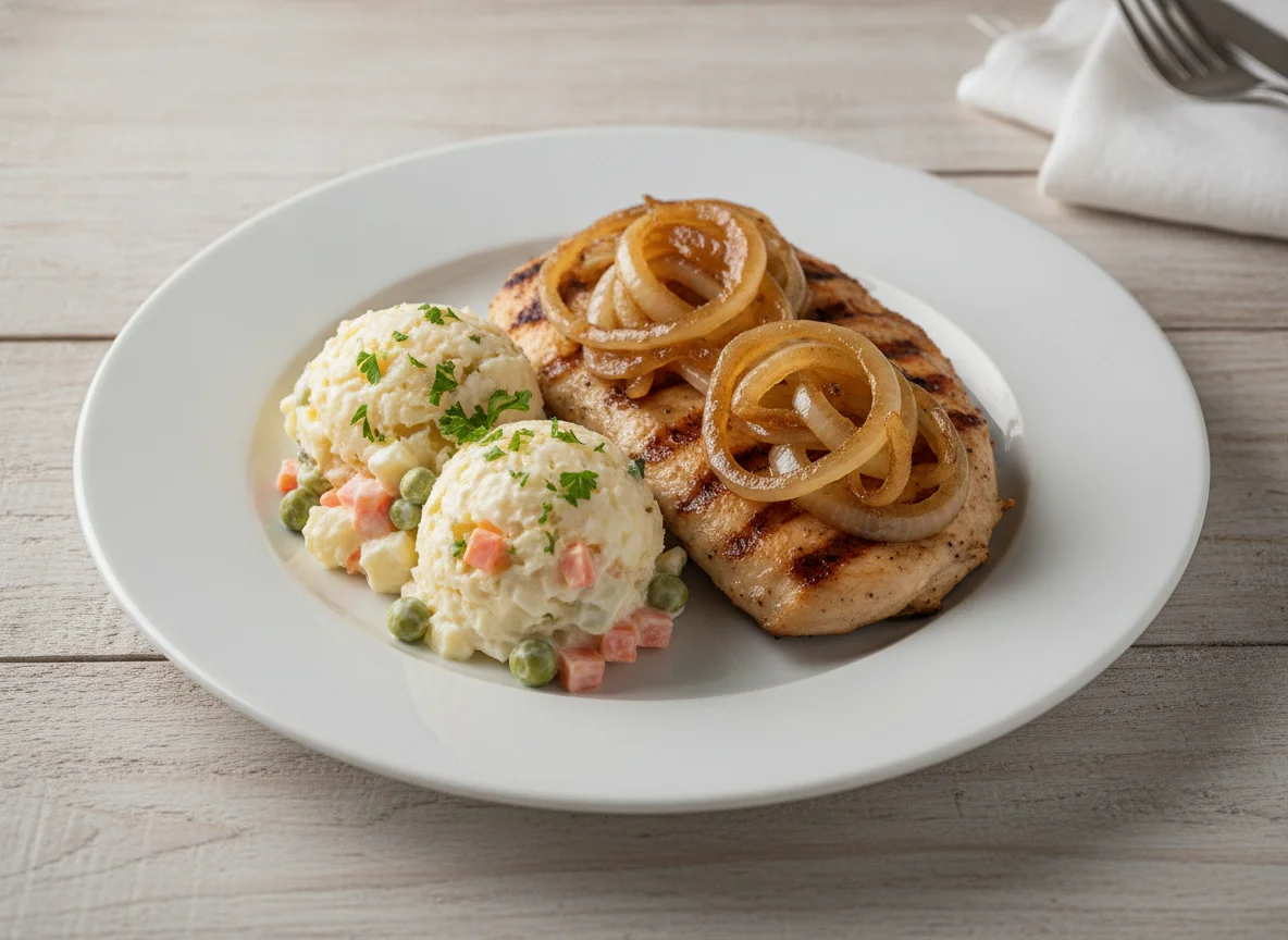 Frango grelhado com cebola caramelizada e salada de maionese photo