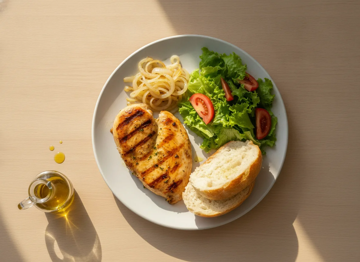 Frango grelhado com cebola, salada e pão francês photo