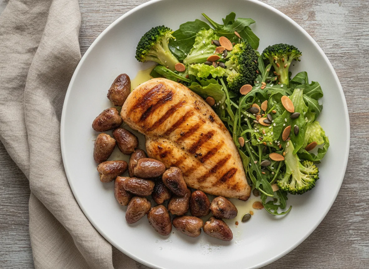 Frango grelhado com corações de galinha e salada mista photo
