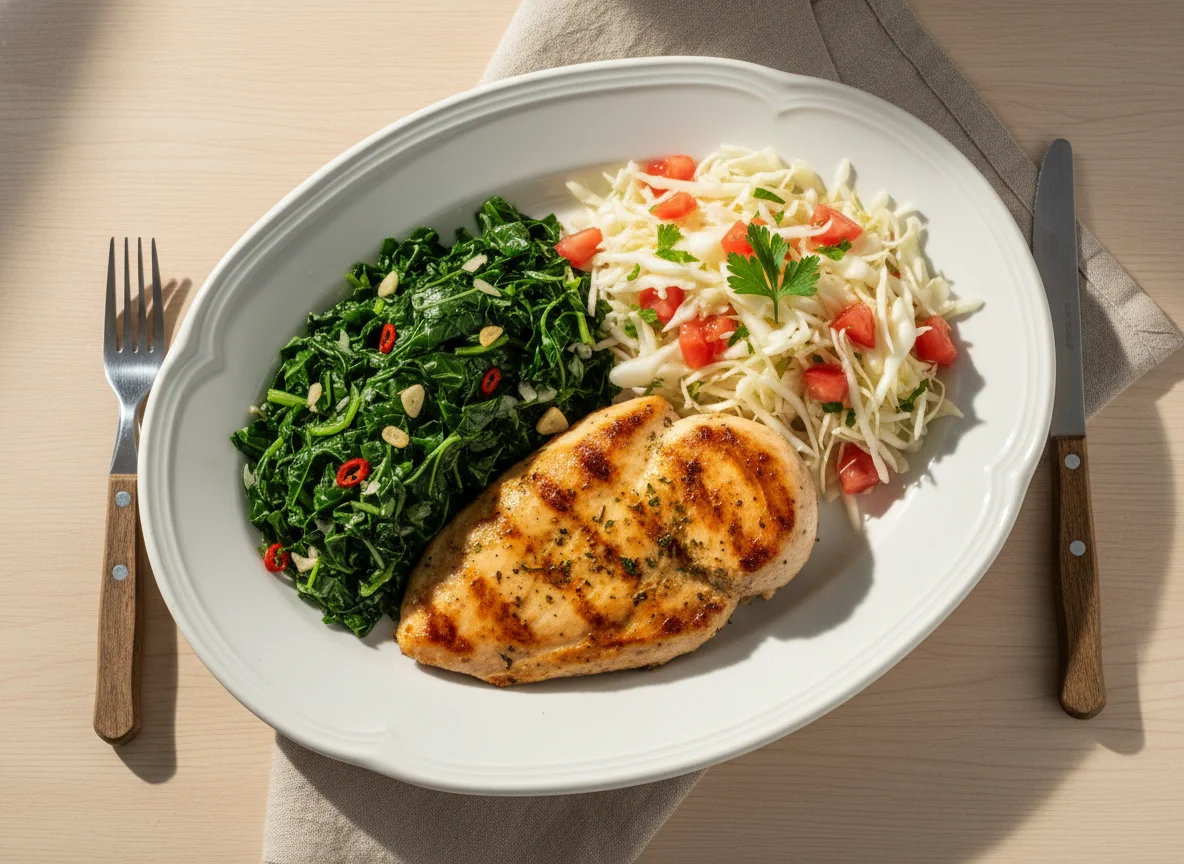Frango grelhado com couve refogada e salada photo