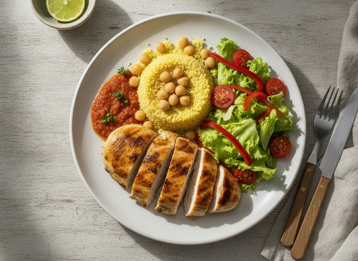 Frango grelhado com cuscuz, grão-de-bico e salada photo