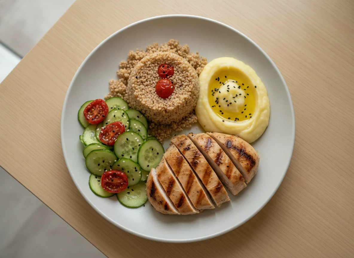 Frango grelhado com cuscuz, salada de pepino e puré de batata photo