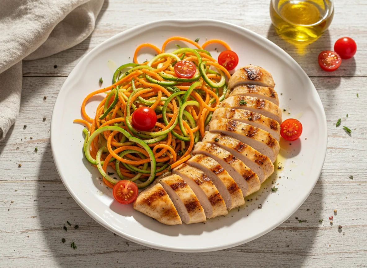 Frango grelhado com espaguete de legumes photo