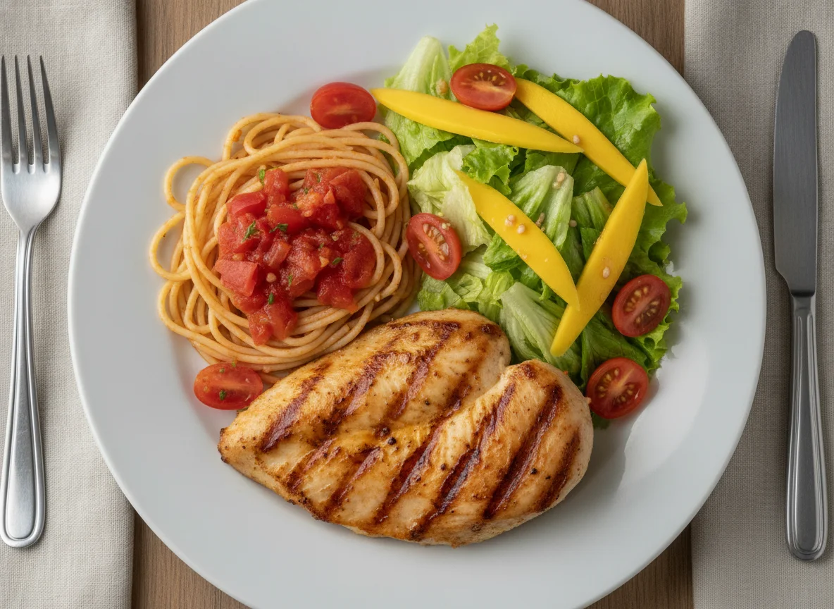 Frango grelhado com espaguete e salada photo