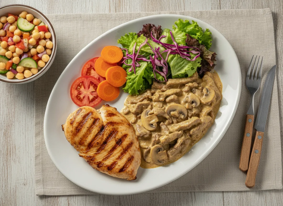 Frango grelhado com estrogonofe de carne e salada mista photo
