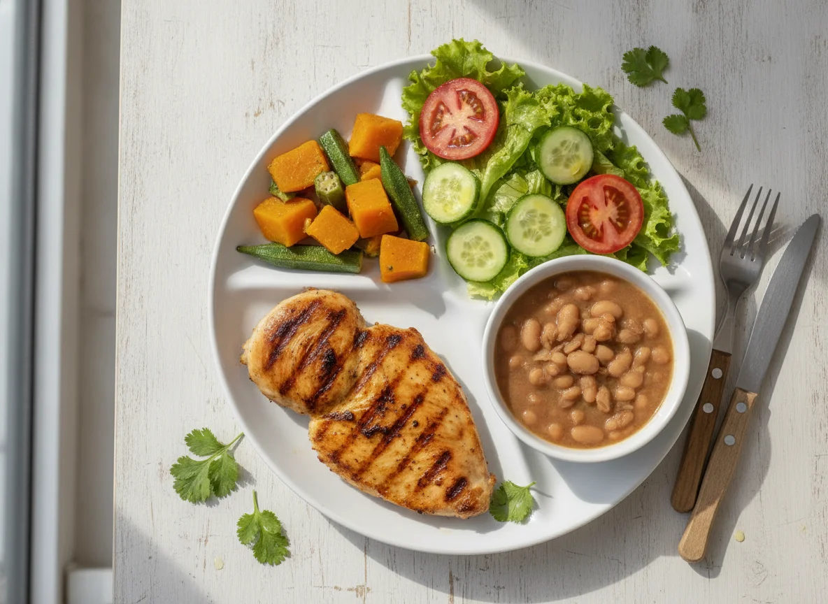 Frango grelhado com feijão, abóbora e salada photo